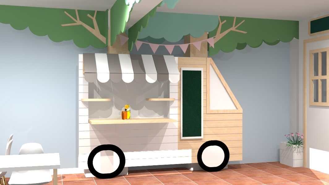 Render 3D del carrito adosado a la pared con ruedas y toldo