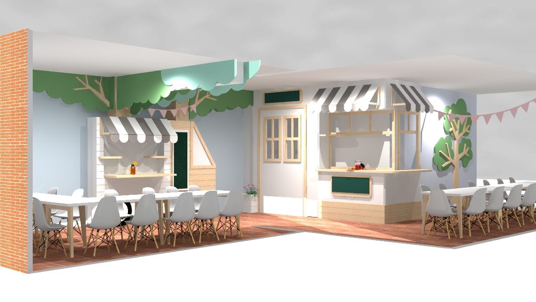 Render 3D de la sala infantil con las dos zonas de mesas y el puesto de mercado