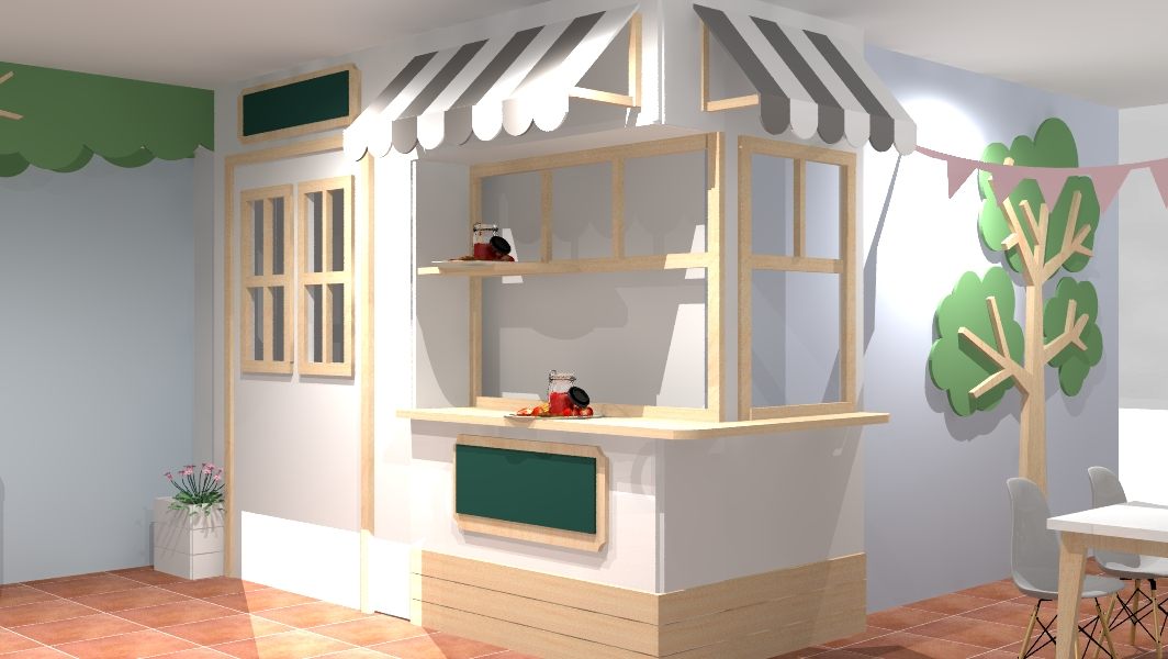 Render 3D del puesto de mercado con toldo y pizarra