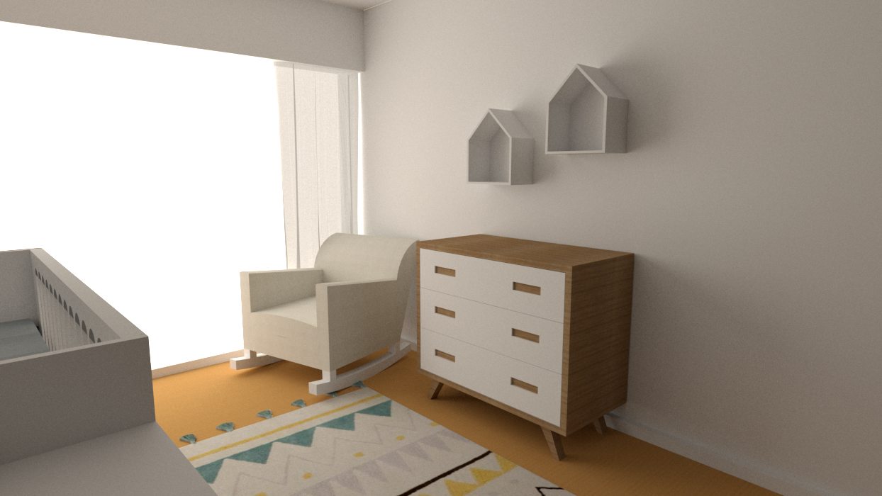 Render 3D de la cómoda de madera, la butaca y los estantes con forma de casita