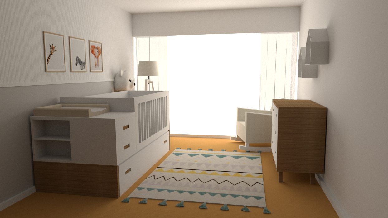 Render 3D de la habitación de bebé con cuna, cómoda y alfombra geométrica