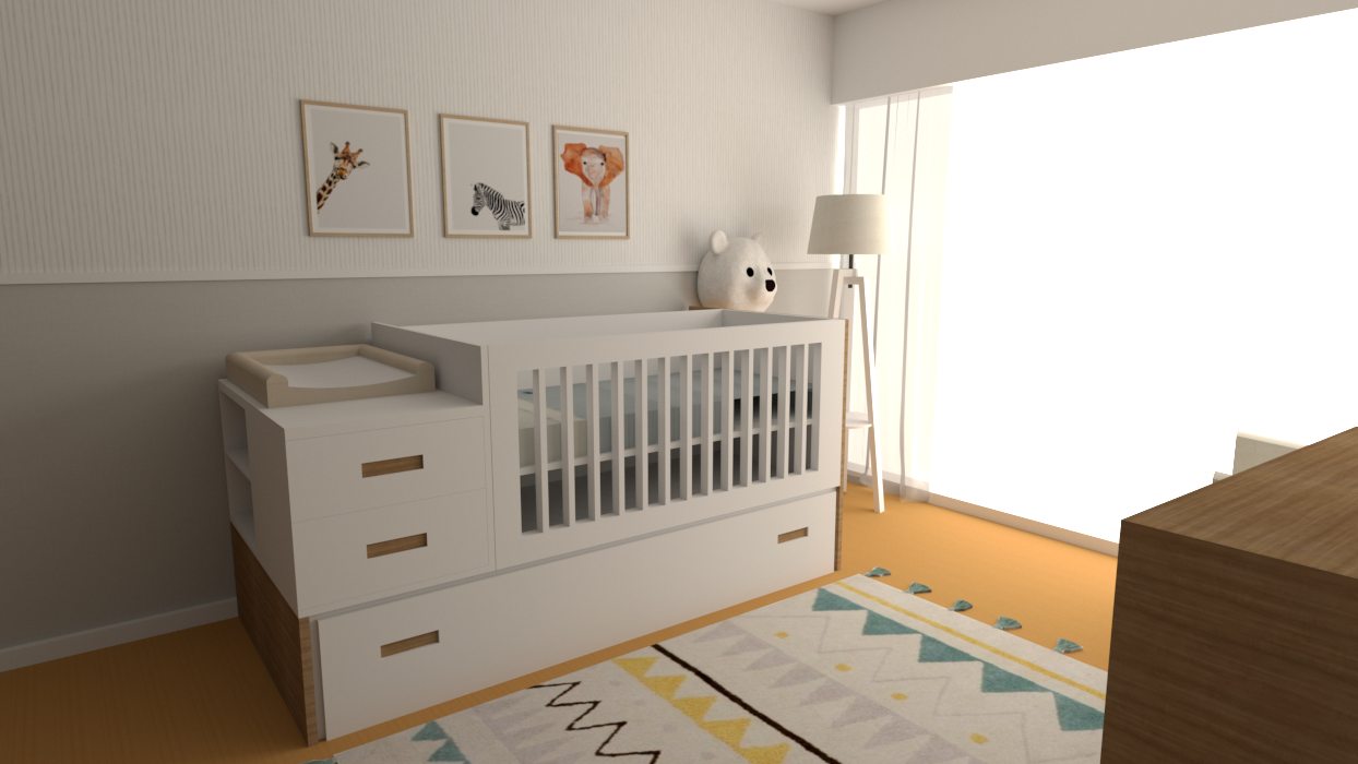 Render 3D de la cuna convertible con cambiador integrado y cajones