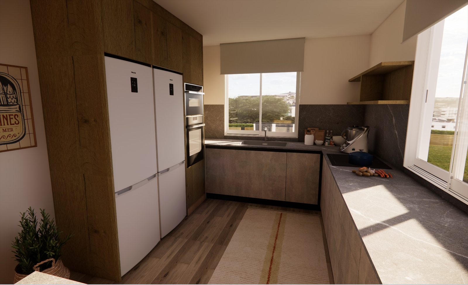 Render 3D de las columnas altas en roble con frigoríficos y hornos