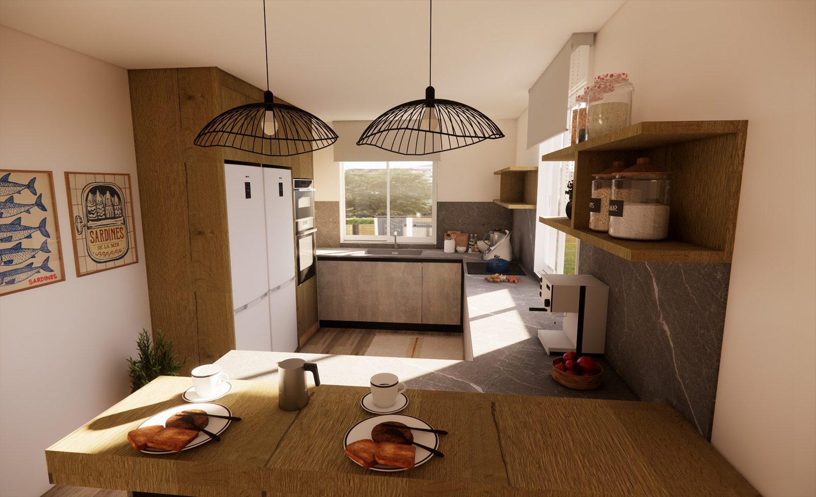 Render 3D del conjunto de la cocina con la barra de desayuno