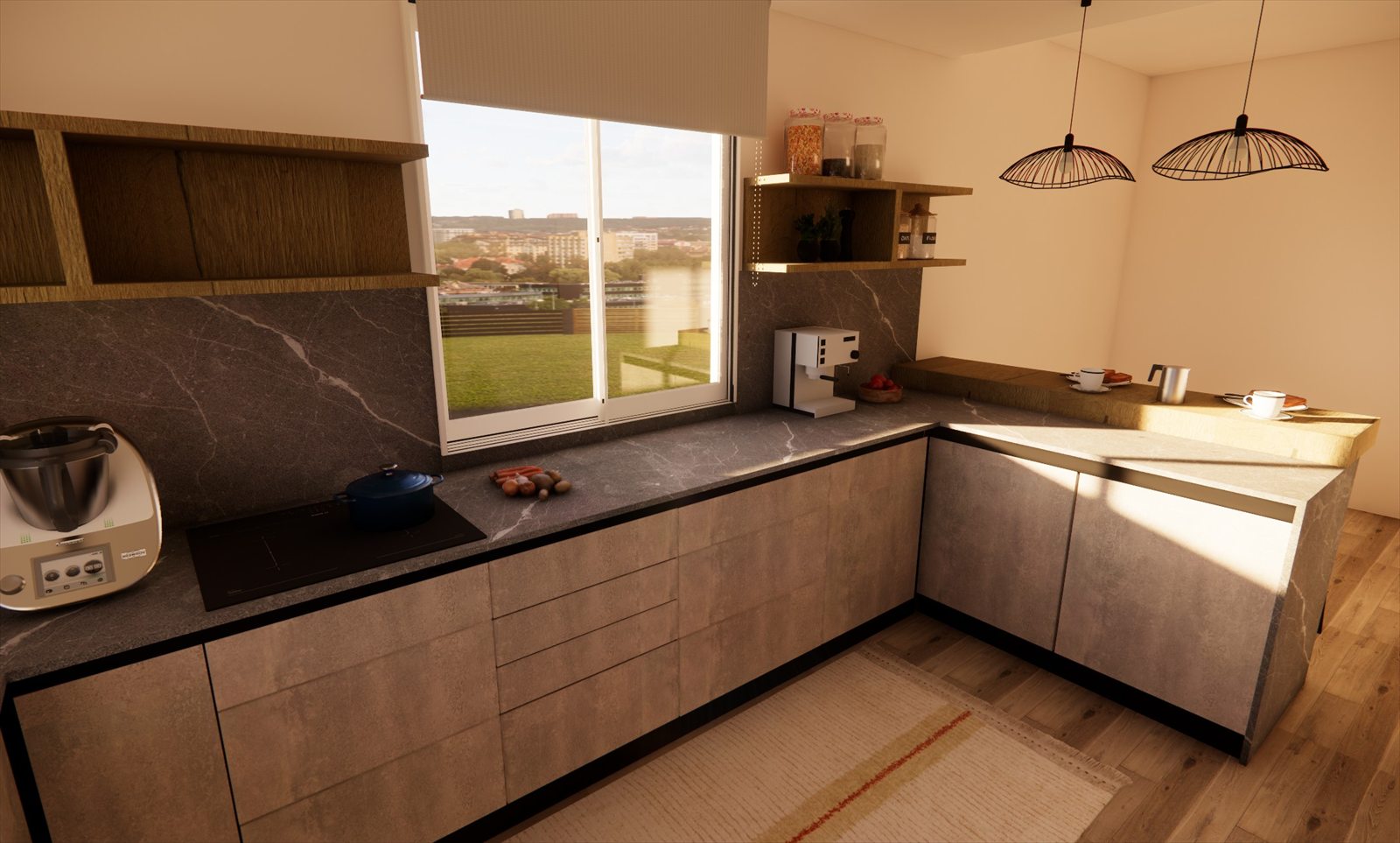 Render 3D de la encimera en L con los electrodomésticos