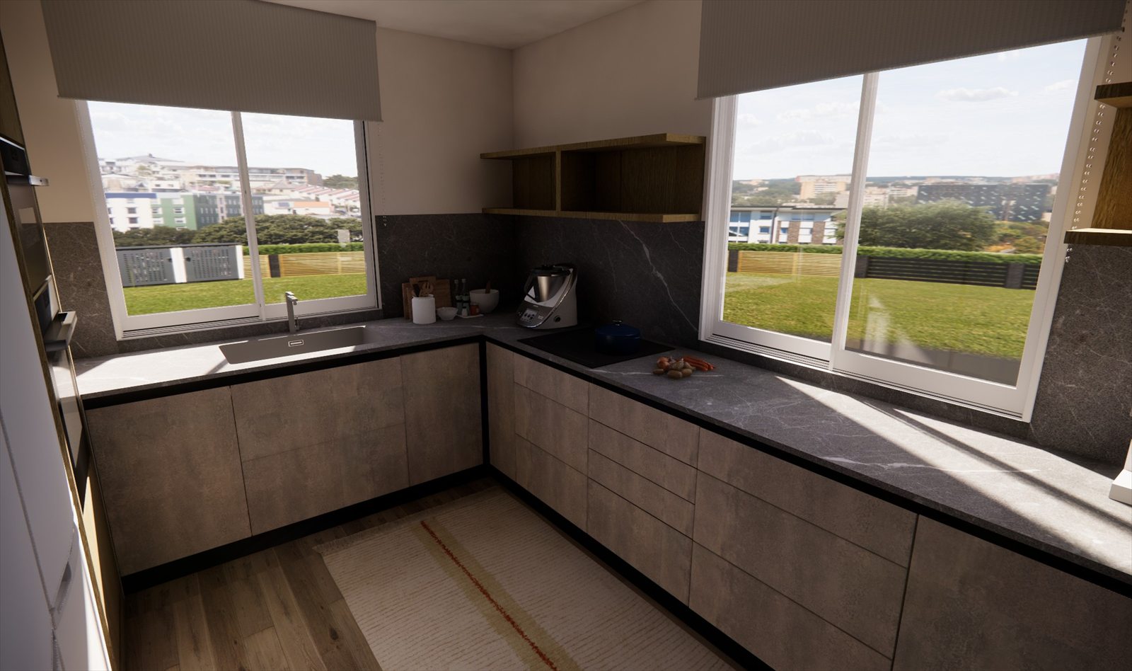 Render 3D de la zona de fregadero bajo la ventana