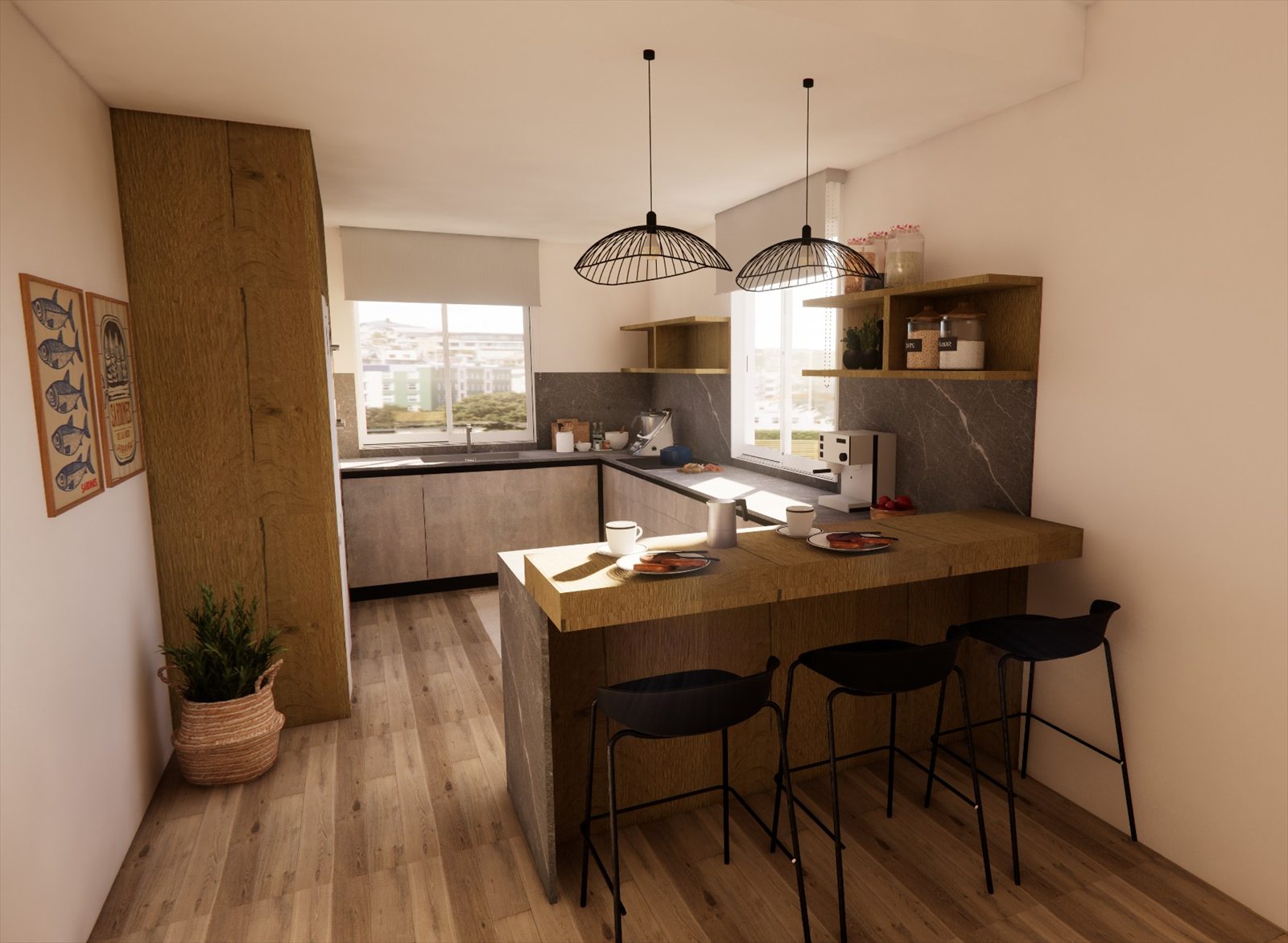 Render 3D de cocina con península de madera y taburetes negros