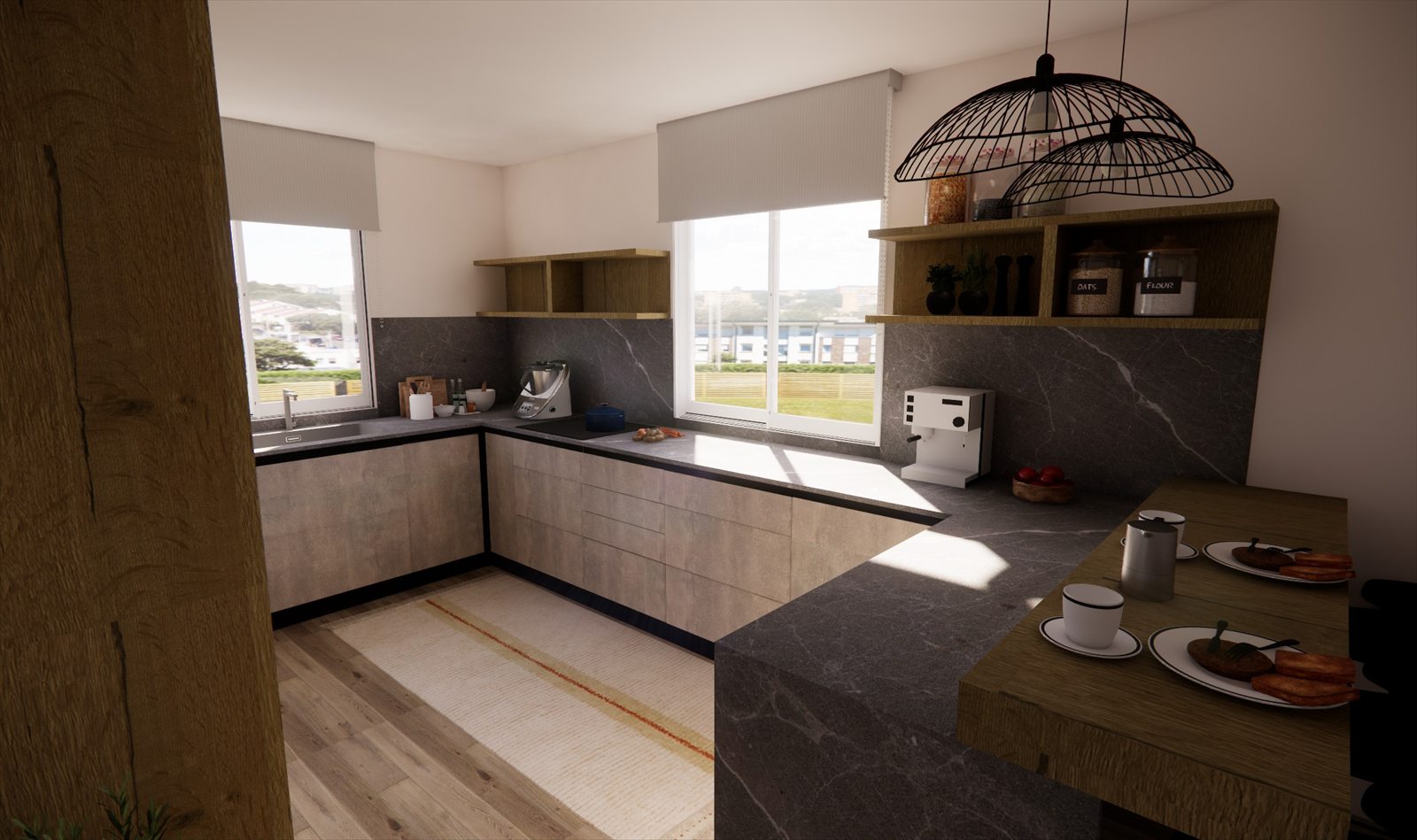 Render 3D del rincón de la ventana con encimera de mármol oscuro