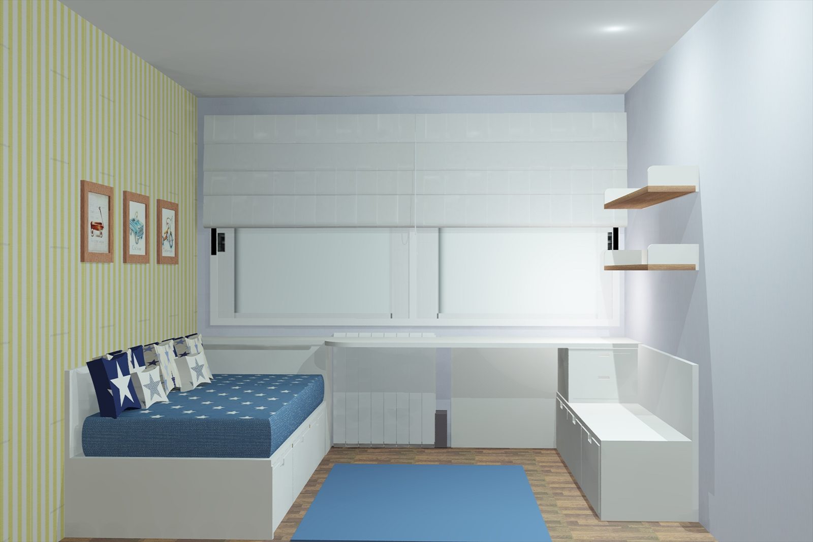 Render 3D de las camas con papel pintado de rayas verdes