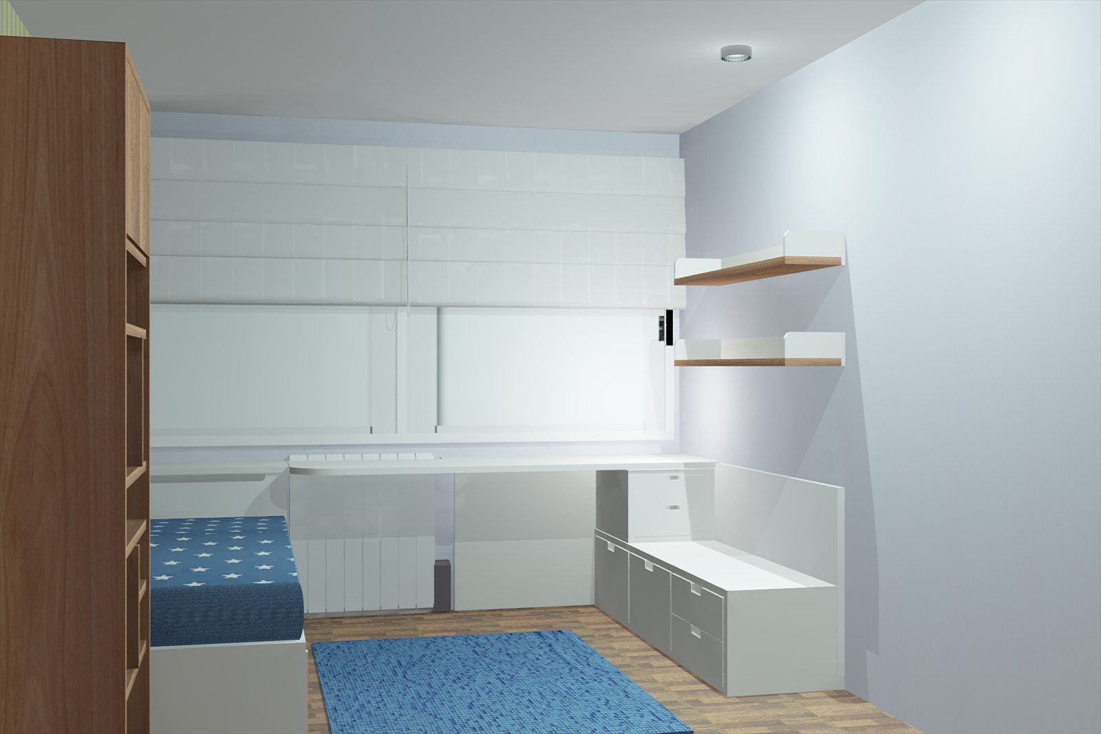 Render de habitación con dos camas y escritorio corrido bajo la ventana