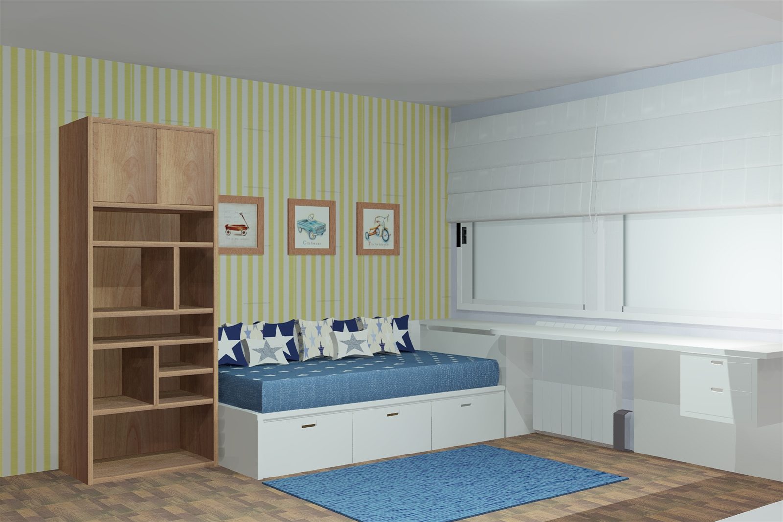 Render 3D de la estantería de madera junto a las camas