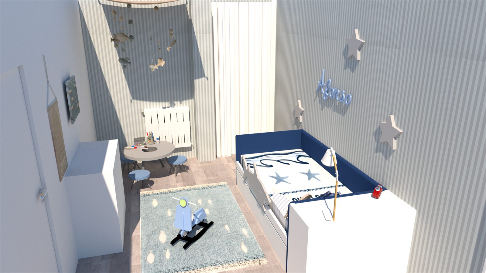 Render 3D de la cama con barrera y ropa de cama de estrellas
