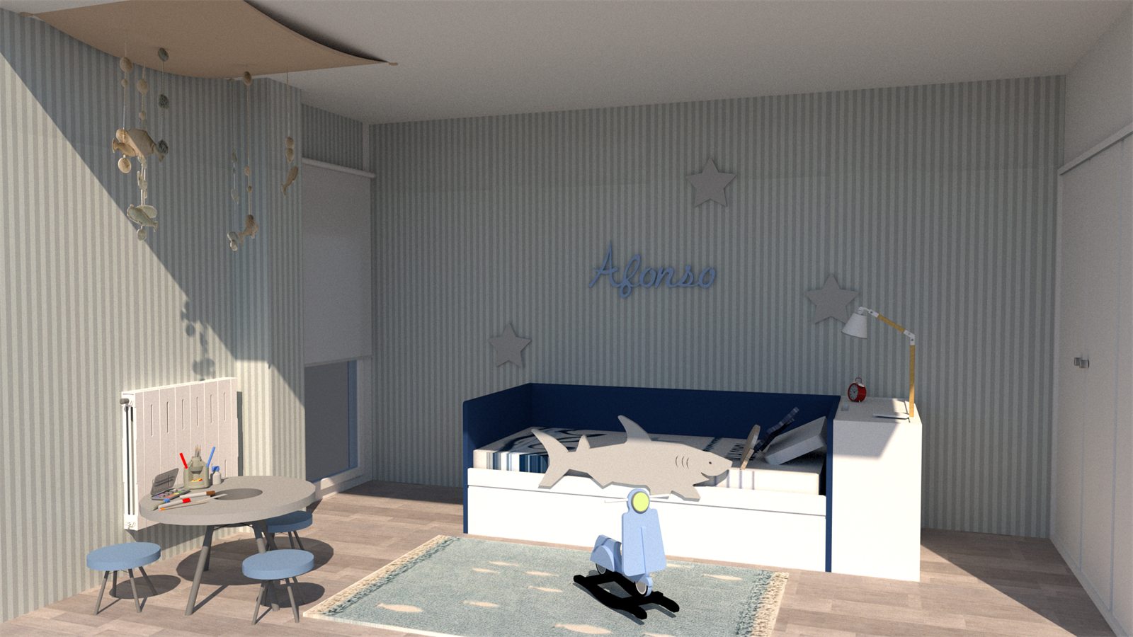 Render 3D del conjunto de la habitación en azul