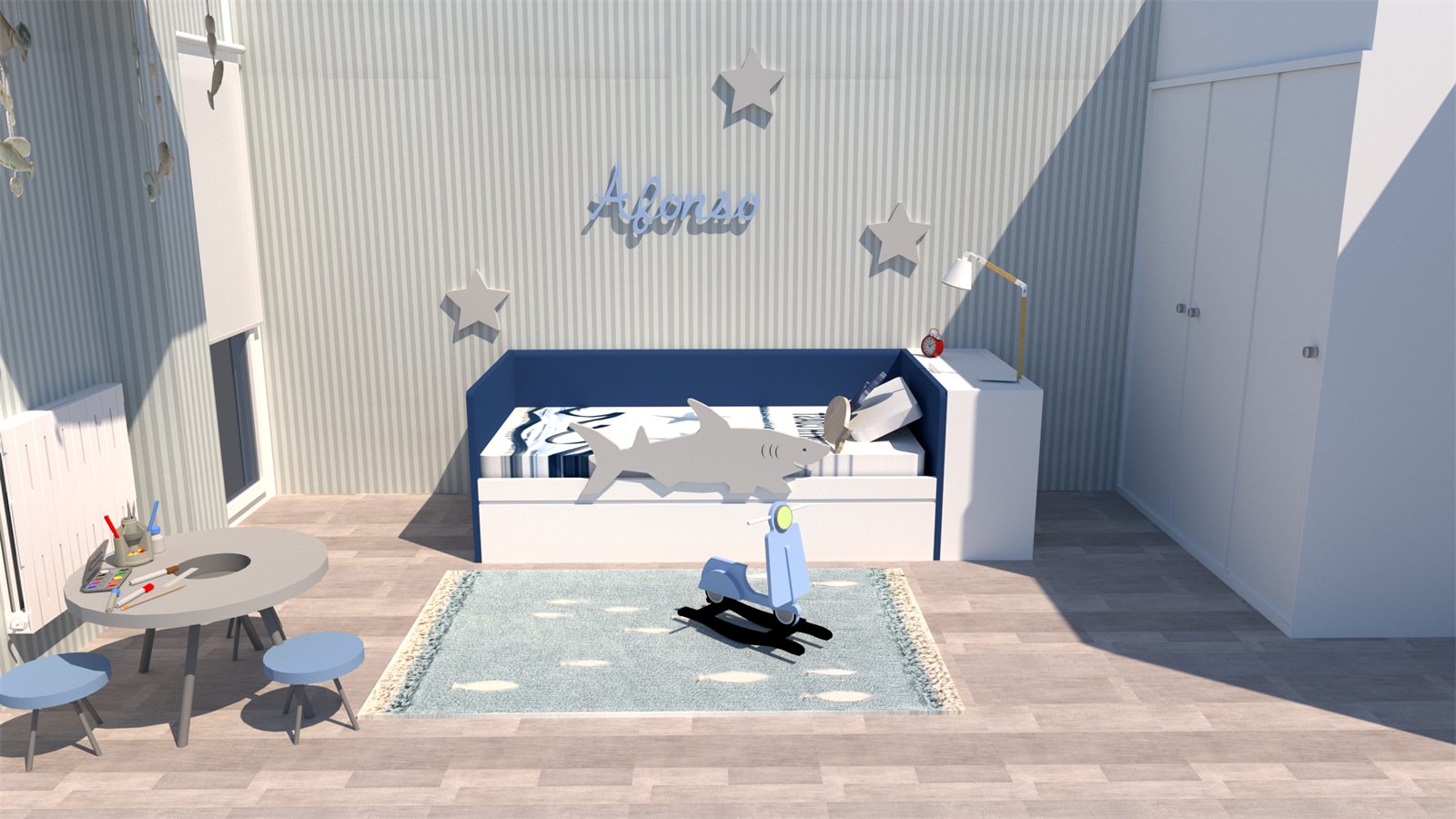 Render 3D de la mesa baja de juego con taburetes