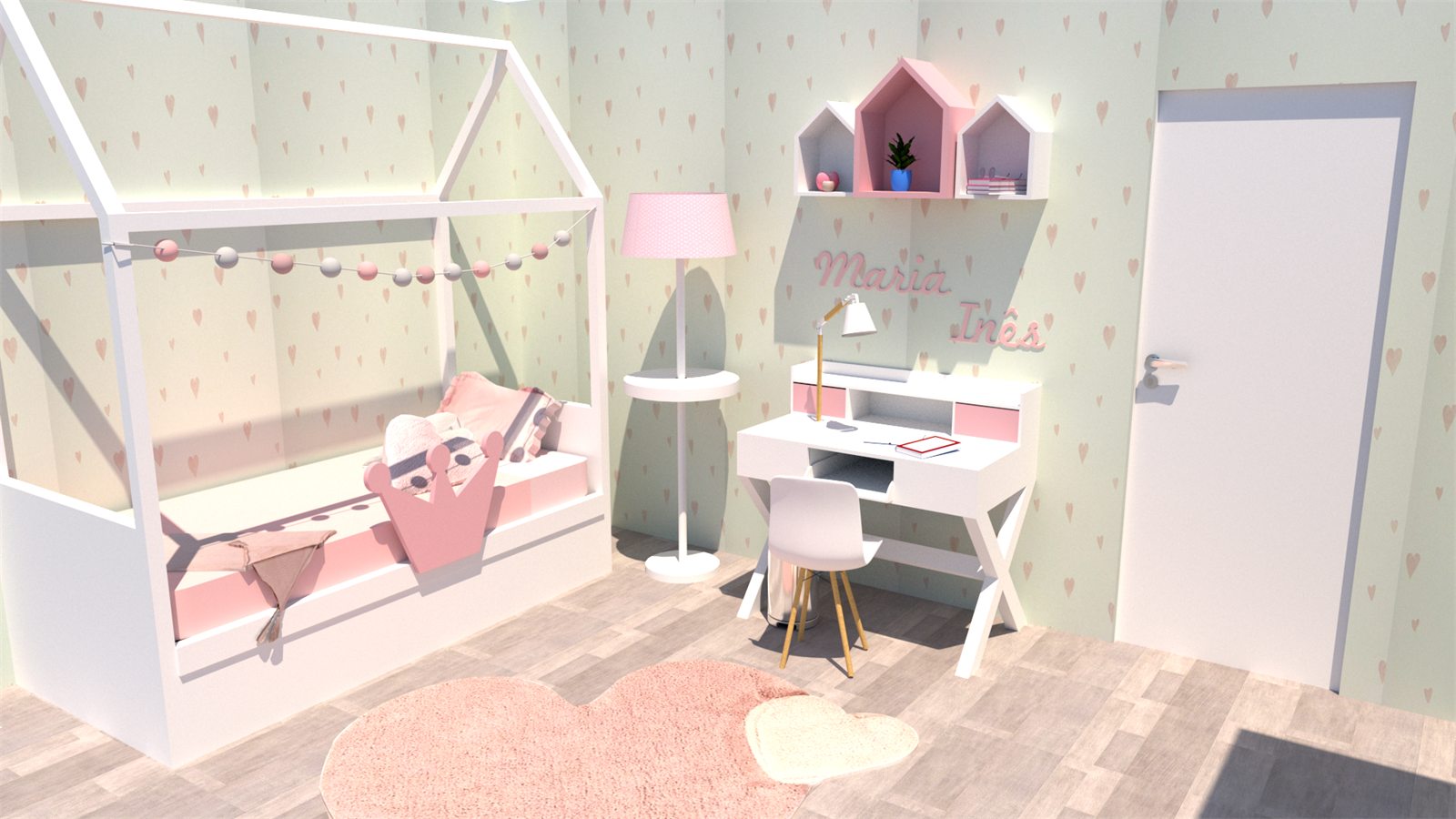 Render 3D de la cama casita blanca con papel pintado de corazones