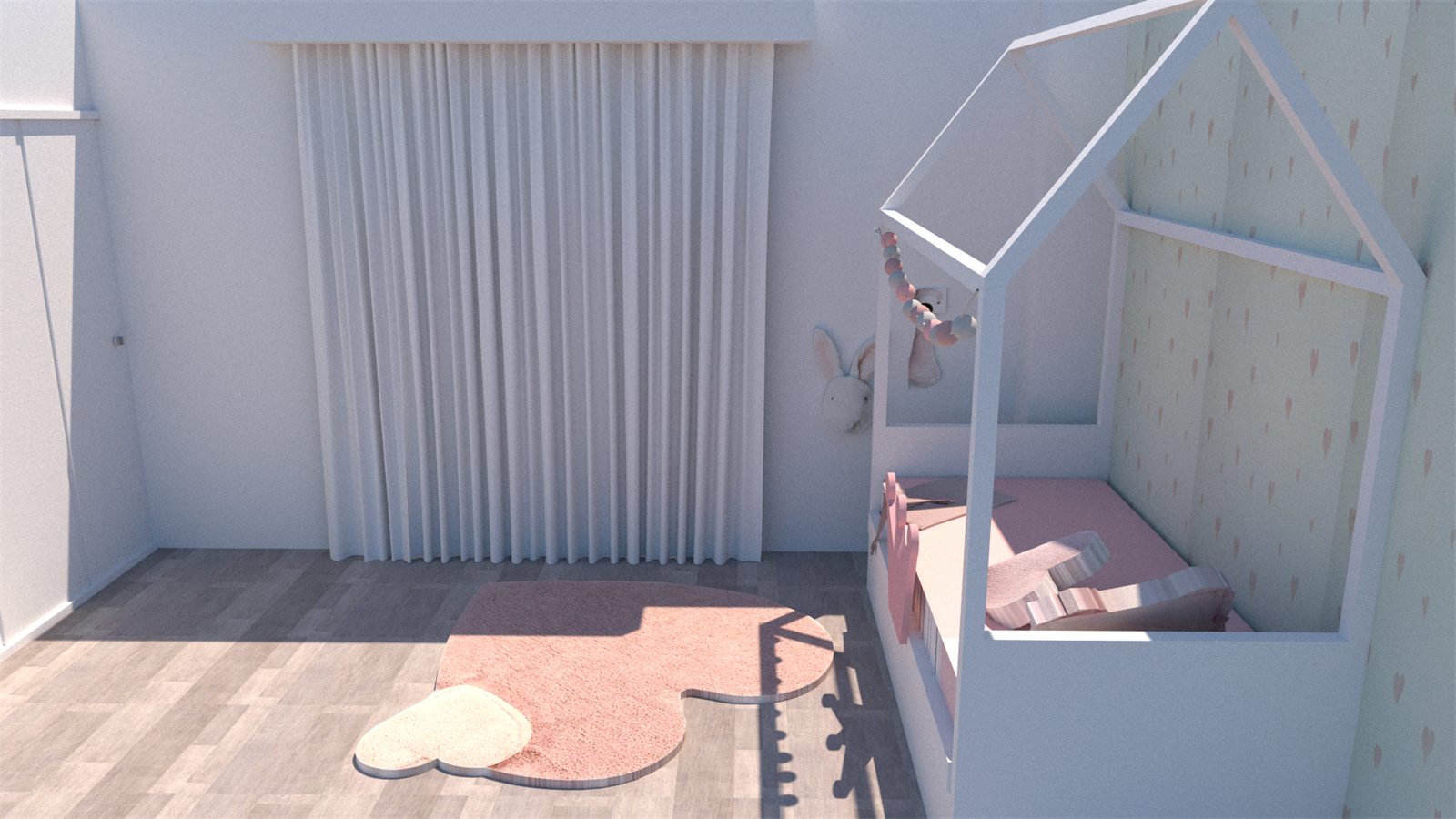 Render 3D del conjunto de la habitación en rosa
