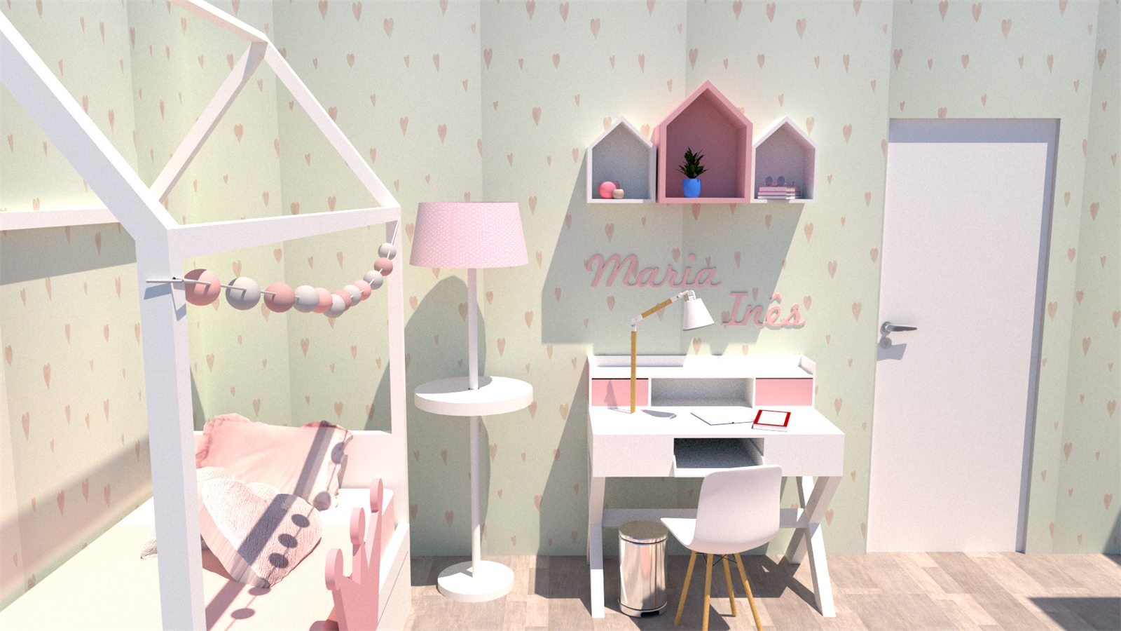 Render 3D del escritorio blanco y las estanterías con forma de casita