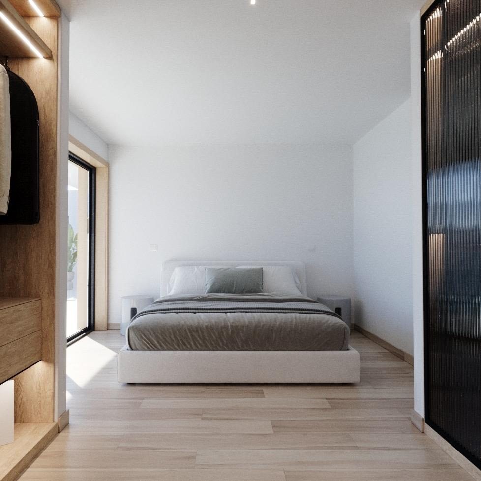 Render del conjunto del dormitorio con suelo de madera clara