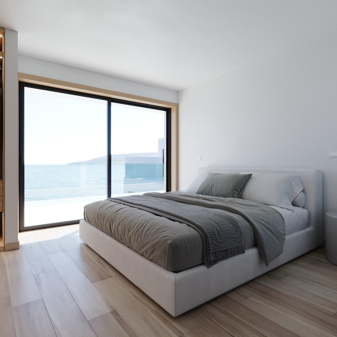 Render del dormitorio principal con cama tapizada frente al ventanal