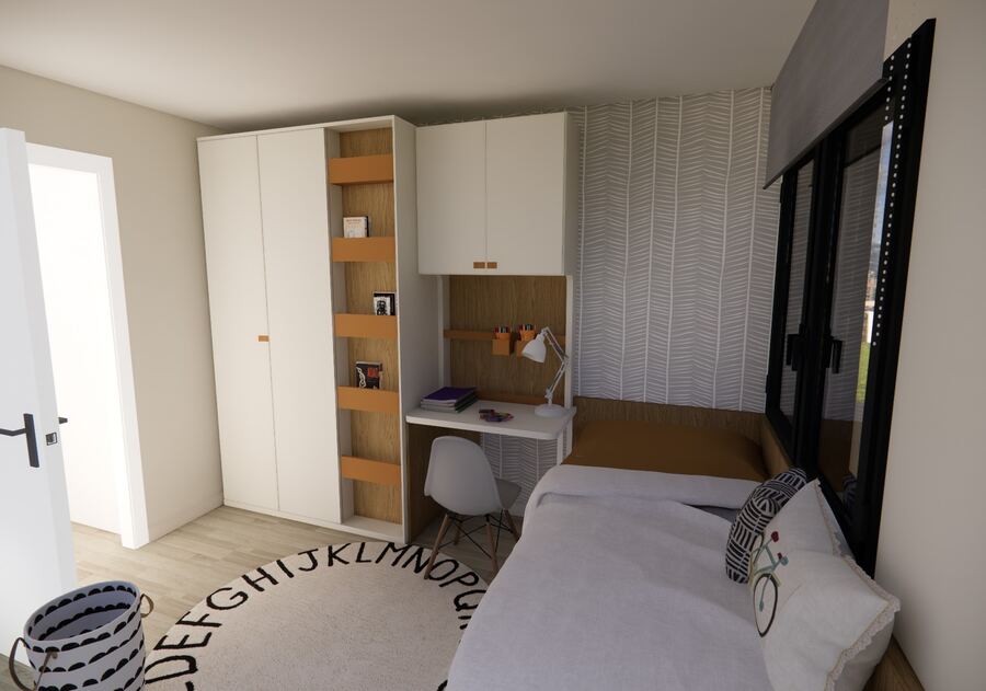 Render 3D del rincón de estudio