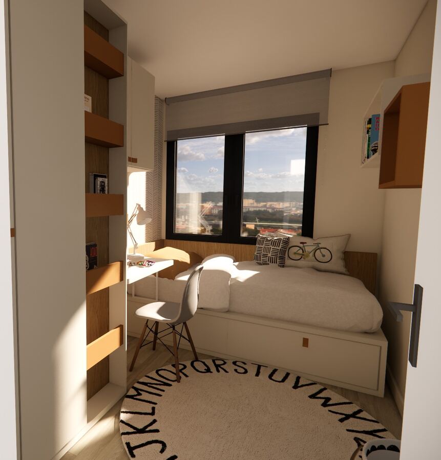 Render 3D de habitación juvenil con vistas a la ciudad