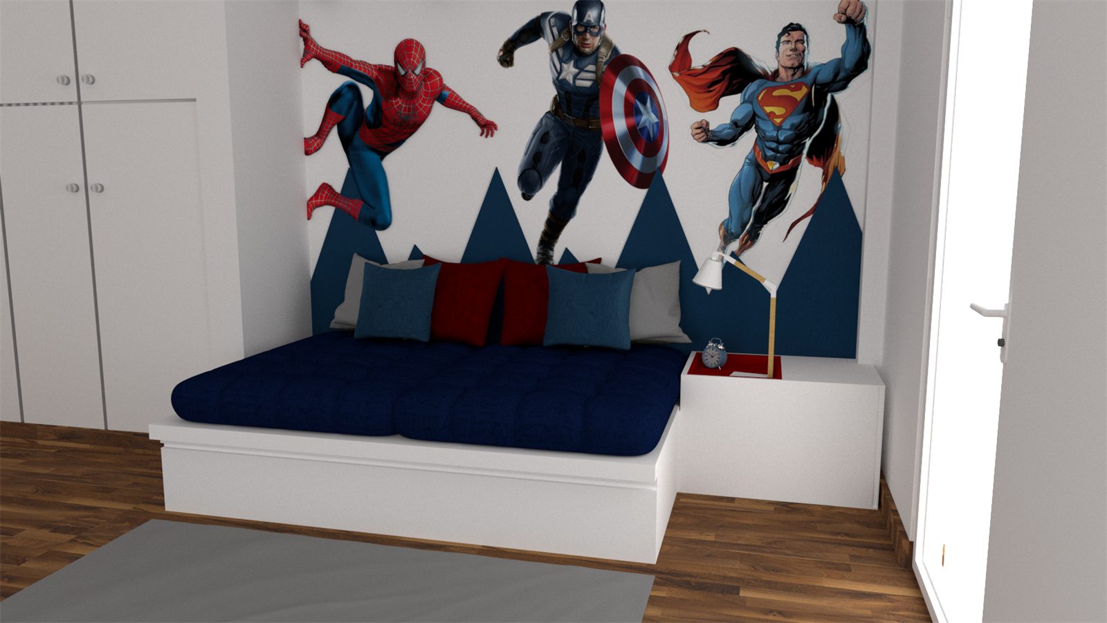 Render 3D de la cama con el mural de superhéroes y la silueta de montaña en azul