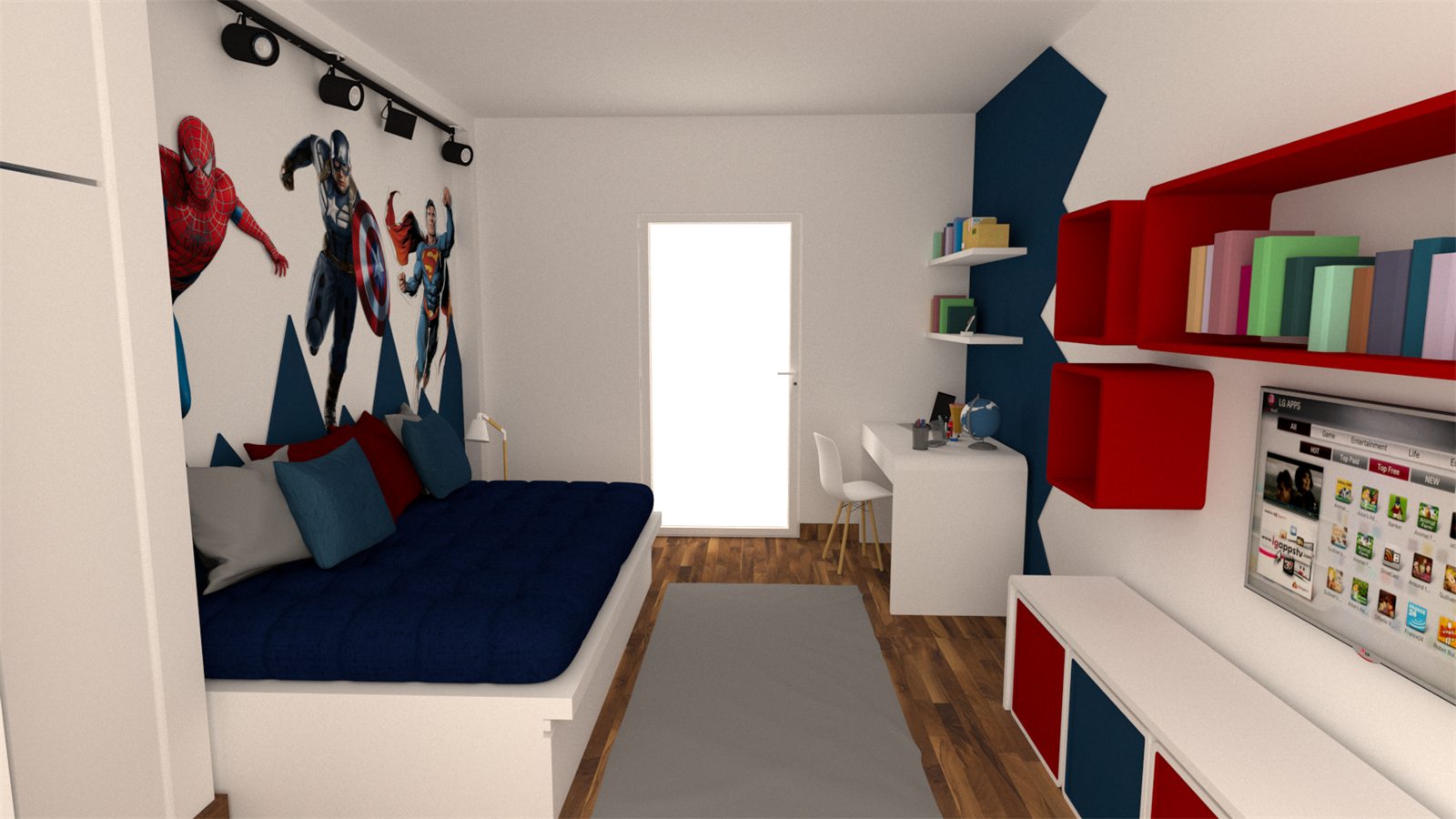 Render 3D del conjunto con la cama, el escritorio y las estanterías rojas