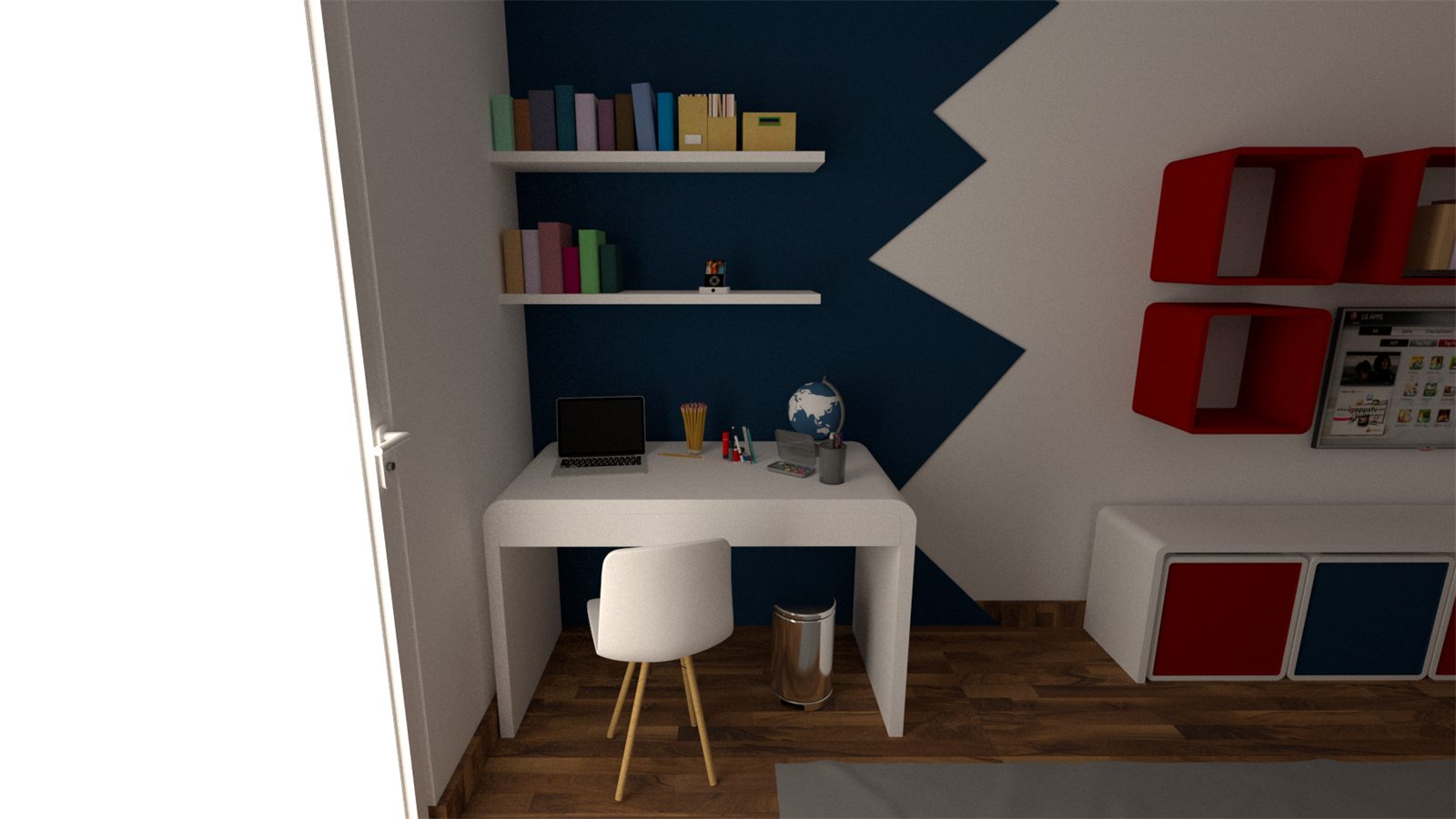 Render 3D del escritorio con estanterías caja en rojo y banco de almacenaje