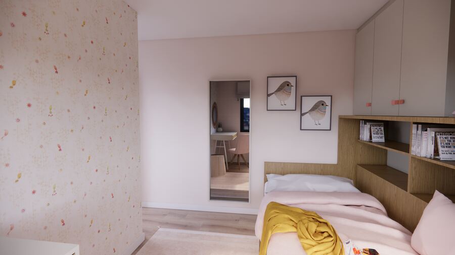 Render del cabecero con estantería y papel pintado de pájaros