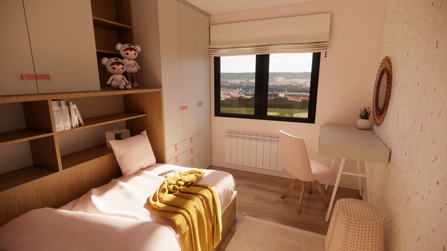 Render de habitación juvenil con vistas y escritorio