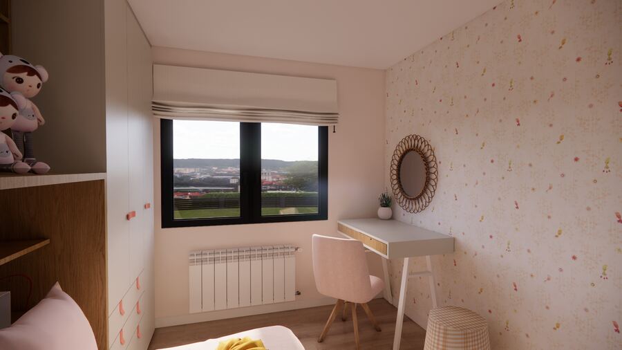 Render de la zona de estudio con espejo circular de mimbre